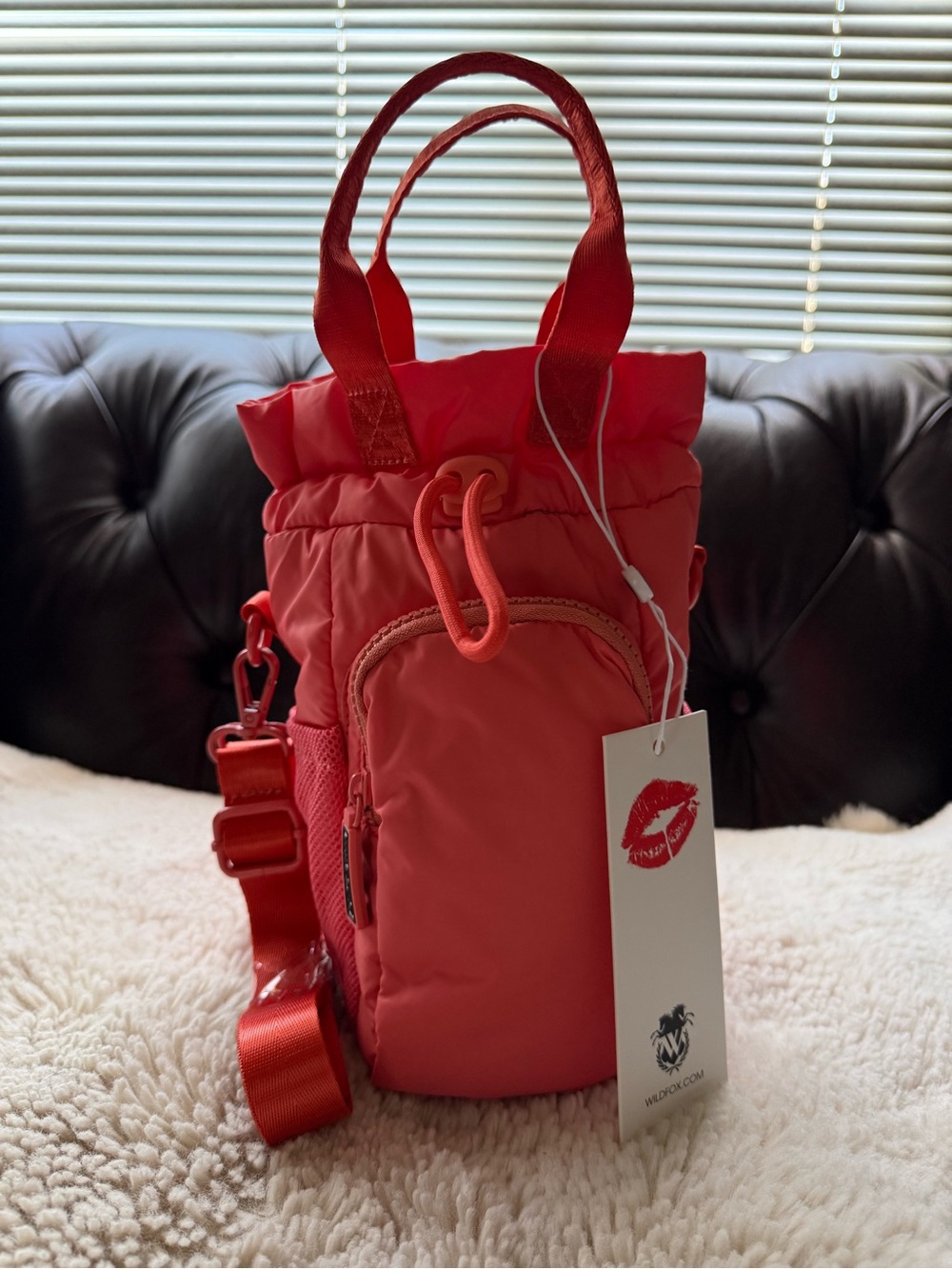 Wildfox NWT Quilted Drawstring Bottle Bag with Strap Coral Orange